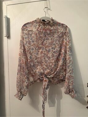 1. State Ivory Paisley Tie-Front Blouse with Ruffle Neck
